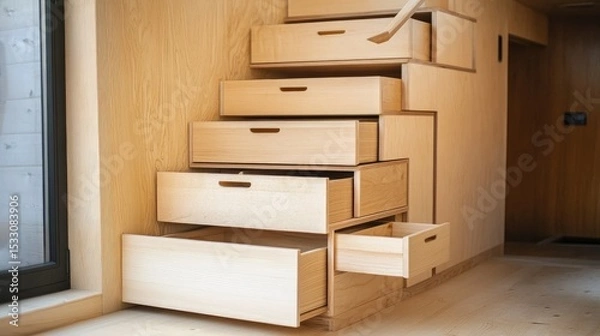 Fototapeta Innovative Wooden Storage Solution with Drawers Integrated into Stairs for Modern Home Organization
