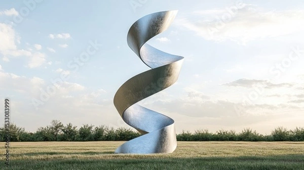 Fototapeta Modern Spiral Sculpture Surrounded by Greenery Under a Blue Sky with Soft Clouds in a Serene Outdoor Setting