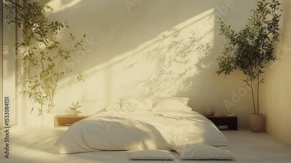 Fototapeta Serene Minimalist Bedroom with Natural Light and Indoor Plants for Relaxation and Comfort