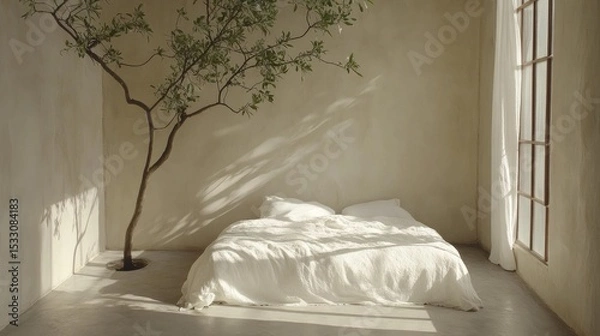 Fototapeta Minimalist bedroom interior featuring a cozy bed, natural light, and a unique indoor tree design in a serene atmosphere