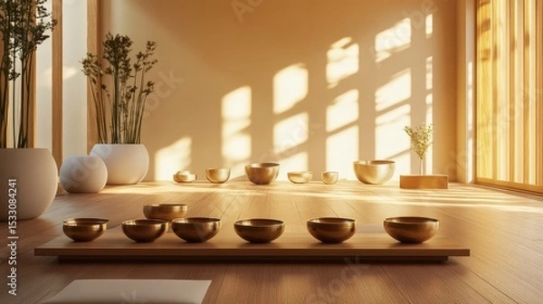 Fototapeta Serene Meditation Space with Sound Bowls and Natural Light Enhancing Tranquility and Calmness for Mindfulness Practices