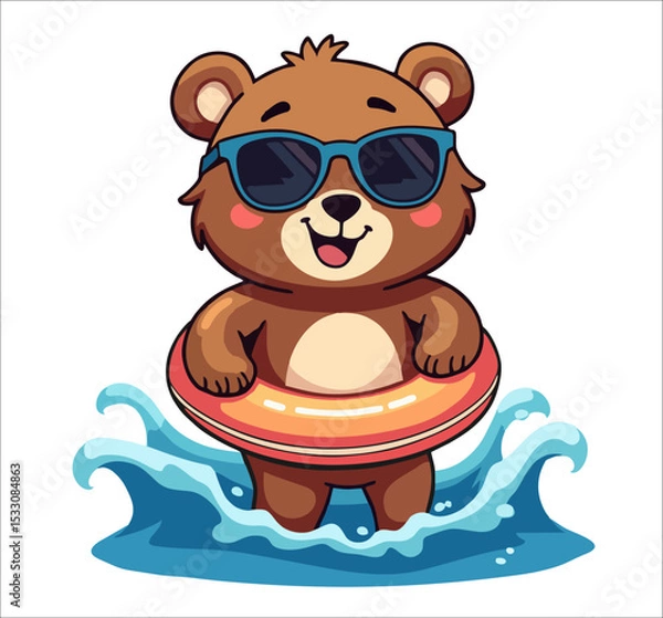 Fototapeta Vector design for children t-shirt. Cute teddy bear in sunglasses 
with inflatable ring swims on wave
isolated on transparent background. 
Cartoon print for fabric, clothing for boy and girl.