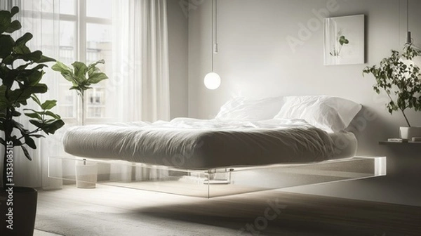 Fototapeta Modern Minimalist Bedroom Design with Floating Bed and Natural Light in Bright Interior Space