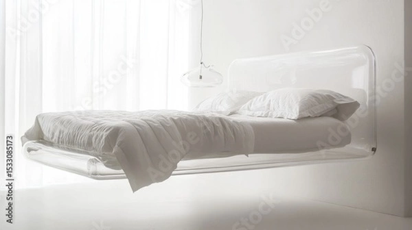 Fototapeta Floating Bed Design with Minimalist White Bedding and Soft Textures in Modern Interior Setting