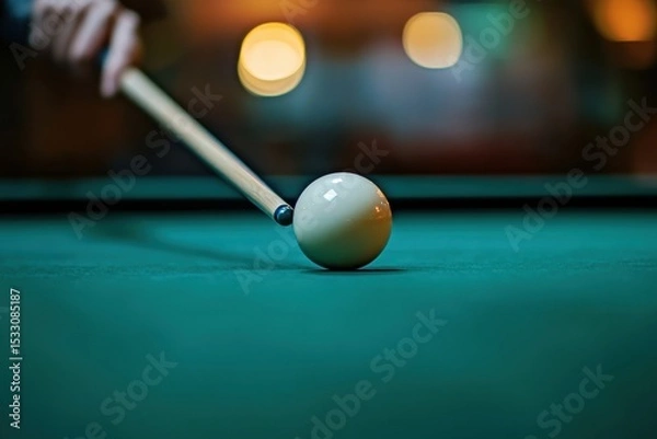 Fototapeta A person playing pool, aiming at the white ball with their cue stick on a green table Generative AI