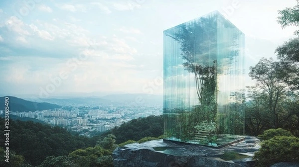 Fototapeta Glass cube structure with a tree inside overlooking a scenic urban landscape and rolling hills in the background