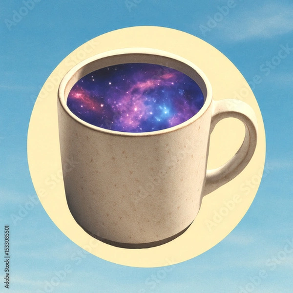 Fototapeta Galaxy Coffee Mug Collage, Colorful Modern Artwork with Cosmic Swirls, Magazine Cut-Out, Beige Circle & Blue Sky Background, Creative