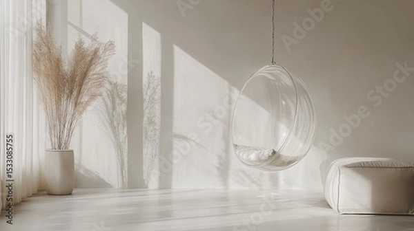 Fototapeta Serene Indoor Space with Stylish Hanging Chair and Soft Natural Light Filtering Through Large Windows