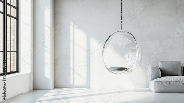 Fototapeta Modern Minimalist Interior with a Transparent Bubble Chair and Soft Gray Sofa in Soft Natural Light