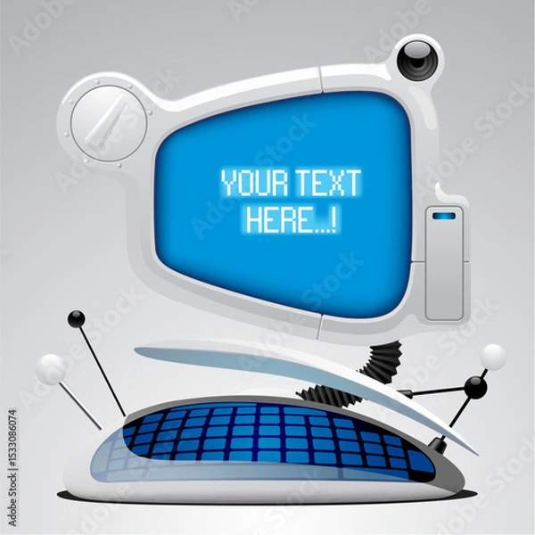 Fototapeta White funny futuristic computer with touch keyboard with blue backlight and oval shaped display. Vector realistic illustration in 3d style