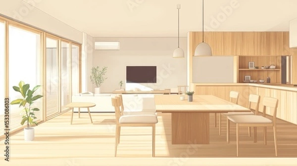 Fototapeta Modern Minimalist Interior Design of a Bright and Airy Open-Concept Living and Dining Space with Natural Wood Finishes