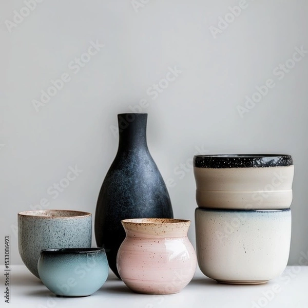 Fototapeta Elegant Collection of Modern Ceramic Pots in Various Shapes and Colors on Minimalist Background