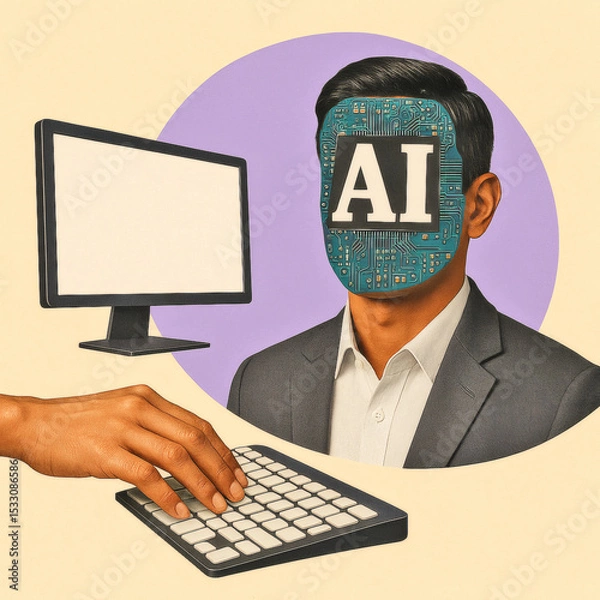 Fototapeta AI Replacing Human Work, Modern Colorful Collage Artwork Featuring Typing Hand, PC Monitor, Indian Man with CPU Head on Lilac Circle, Beige Background