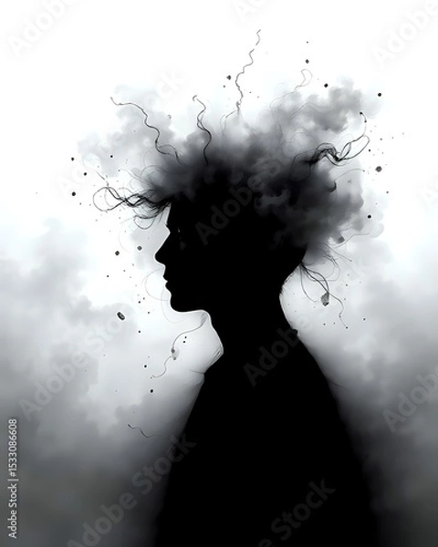 Obraz A Head Silhouette Filled with Swirling Fog or Blurry Scribbles, Surrounded by Faint Clouds or Static Lines, Suitable for Mental Fatigue or Confusion Topics