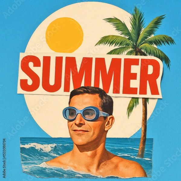 Fototapeta Vibrant Summer Collage Art, Colorful Magazine Cut-Outs of Beach, Sun, Palm Tree & Goggles with Bold SUMMER Text on Cream Circle, Blue Sky Background, Modern Abstract Summer Theme