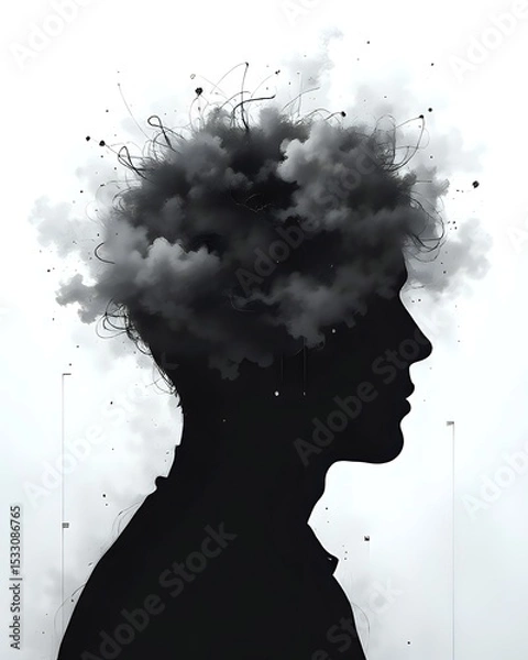 Obraz A Head Silhouette Filled with Swirling Fog or Blurry Scribbles, Surrounded by Faint Clouds or Static Lines, Suitable for Mental Fatigue or Confusion Topics