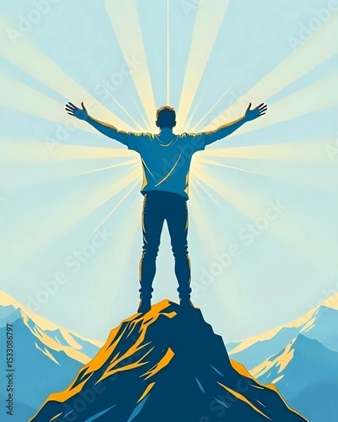 Obraz A Person Standing Tall on a Mountain Peak with Open Arms and Light Rays Behind, Clean Vector Lines, Perfect for Personal Growth or Motivation