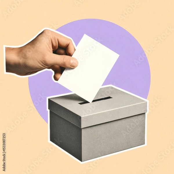 Fototapeta Colorful Modern Voting Concept Artwork, Hand Holding Paper Ballot Near Ballot Box, Lavender Circle on Beige Background, Election, Democracy, Political Choice, Civic Duty