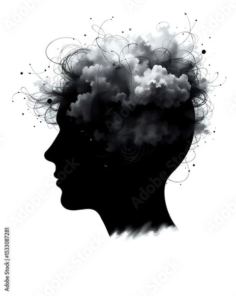 Obraz A Head Silhouette Filled with Swirling Fog or Blurry Scribbles, Surrounded by Faint Clouds or Static Lines, Suitable for Mental Fatigue or Confusion Topics