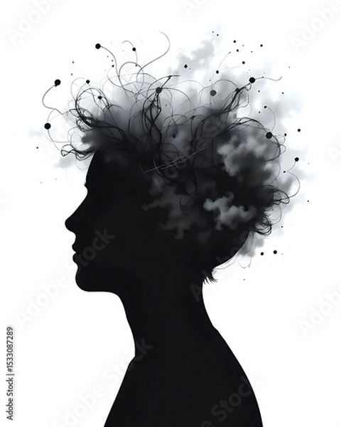 Obraz A Head Silhouette Filled with Swirling Fog or Blurry Scribbles, Surrounded by Faint Clouds or Static Lines, Suitable for Mental Fatigue or Confusion Topics