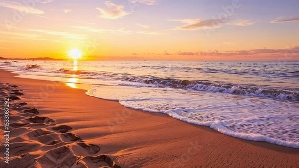 Obraz Sunset Over the Ocean with Footprints on the Beach
