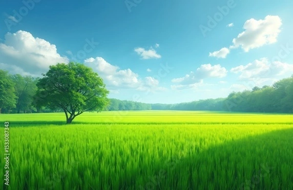 Fototapeta Scenic view of rice fields under a bright blue sky with clouds. Green grass and tree. Agriculture countryside background, natural farming landscape, eco concept.