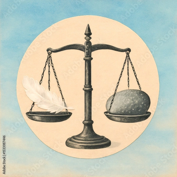 Fototapeta Vibrant Balance Art Collage Scales, Feather & Stone Harmony, Abstract Equilibrium, Colorful Cut-Out Design, Beige & Blue Background, Symbolic Composition