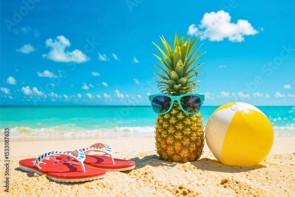 Obraz Fun Tropical Beach Scene with Pineapple and Beach Accessories

