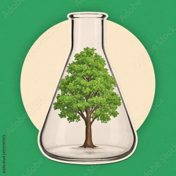 Fototapeta Vibrant Collage Art Science Meets Nature, Modern Magazine Cut-Out Style with Chemistry Flask & Growing Tree on Green Background, Creative, Abstract, Eco-Friendly Concept