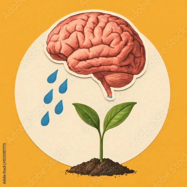 Fototapeta Vibrant Modern Collage Art, Brain Watering Plant, Mental Health & Growth Concept, Colorful Magazine Cut-Out Style, Abstract Creativity