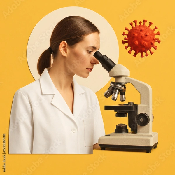 Fototapeta Vibrant Modern Collage Art, Laboratory Concept with Microscope, Lab Coat, Woman Scientist & Red Virus on Yellow Background, Creative Science Theme