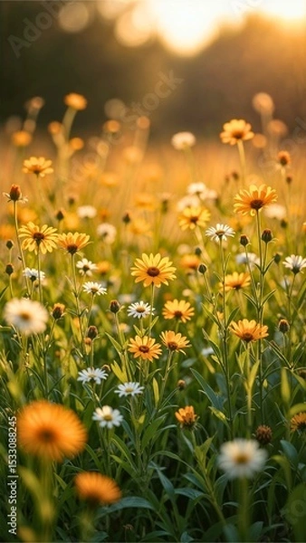 Obraz Golden Hour Blooming Flowers in Field
