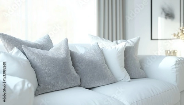 Fototapeta Gray Pillows With White Sofa: A Blurred Focus On Interior Decoration Featuring Sofa Bed, Soft Fabric Sofa, And Stylish Pillows.