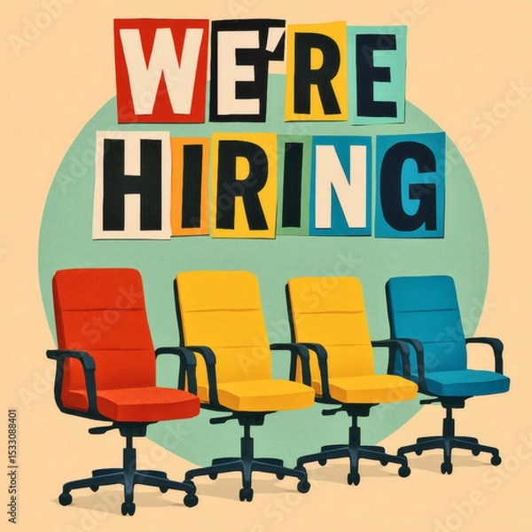 Fototapeta Colorful Modern 'We're Hiring' Collage Artwork, Bold Cut-Out Text, Empty Chairs Symbolizing Open Positions, Vibrant Layered Design on Mint Green Circle, Beige Background, Clean Aesthetic