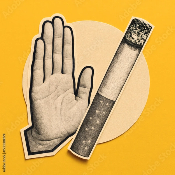 Fototapeta Quit Smoking Concept Art, Colorful Modern Collage with Refusing Hand Gesture & Cigarette Cut-Out, Empowering No Smoking Design, Bold Anti-Smoking Message, Vibrant Yellow Background