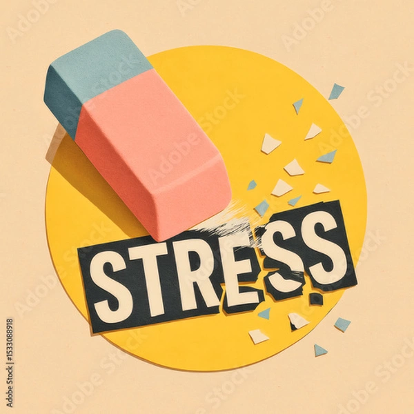 Fototapeta Colorful Modern Collage Artwork, Stress Relief Concept with Eraser Removing STRESS Text, Empowering Mental Health, Anxiety Management Illustration