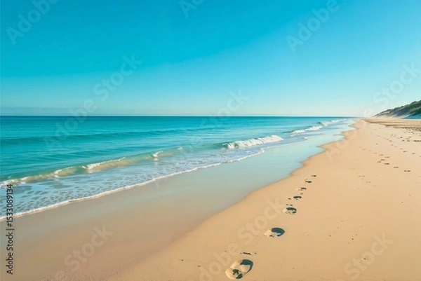 Obraz Footprints on Tranquil Beach with Clear Blue Sky
