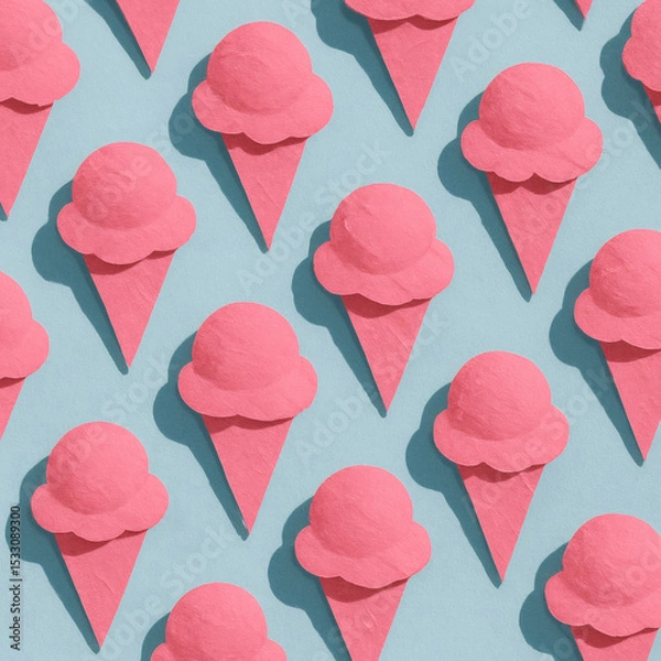 Fototapeta Vibrant Pink Strawberry Ice Cream Cones Pattern, Colorful Modern Collage Art, Isometric Flat Lay, Pastel Blue Background, Summer Minimalism, Playful Contemporary Design