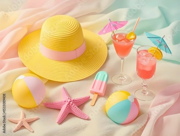 Obraz Colourful Summer Beach Accessories with Refreshing Drinks
