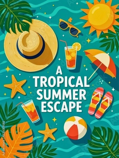 Obraz Tropical Summer Escape Illustration with Beach Elements
