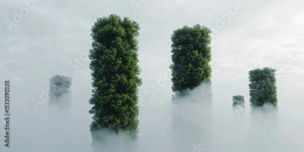 Obraz Enigmatic Green Pillars Rising from a Mystical and MistFilled Landscape Environment