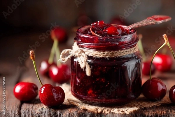 Fototapeta A glass jar filled with rich cherry jam sits on a rustic wooden tabletop. Fresh cherries surround the jar, adding a vibrant touch to the setup