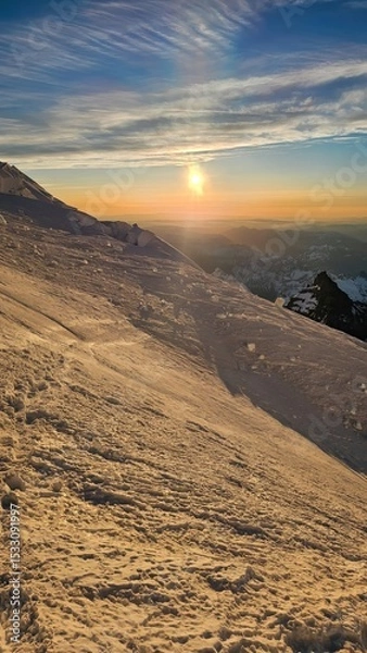 Obraz A snowy mountain slope with a bright sun setting on the horizon and a blue sky with clouds above