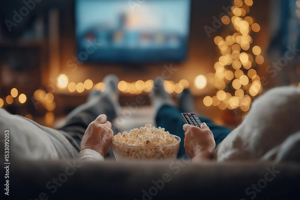 Fototapeta Cozy evening with popcorn while watching a movie in a warmly decorated living room