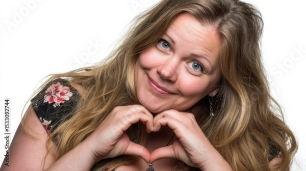 Fototapeta Portrait of an attractive, smiling woman, making the heart sign with both hands