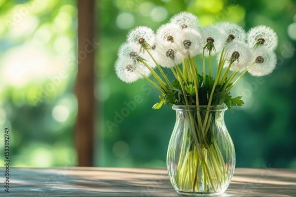 Fototapeta A glass vase with several dandelions, the flowers have delicate white petals and fluffy green leaves on long stems, placed in front of a wooden table natural light and a green background Generative AI