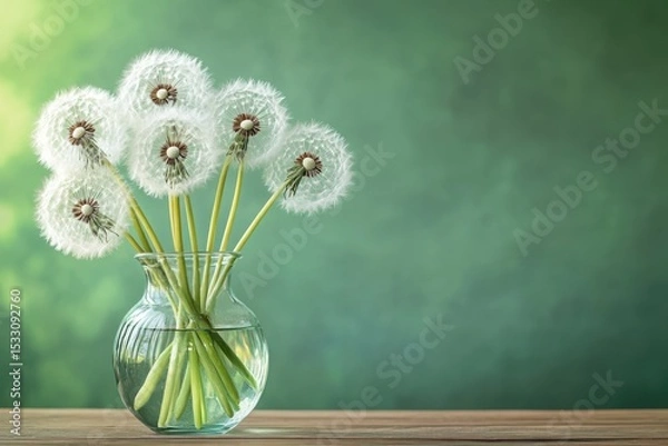 Fototapeta Dandelions in a glass vase on a wooden table against a green background The dandelions are white and fluffy, creating an atmosphere of freshness and natural beauty Generative AI