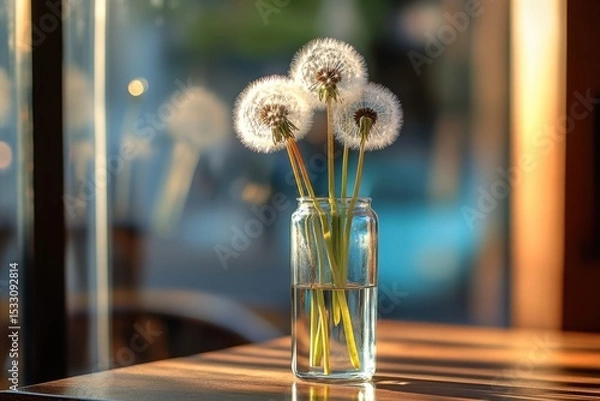 Fototapeta A glass vase with white dandelions on top of it, sitting in front of a table Generative AI