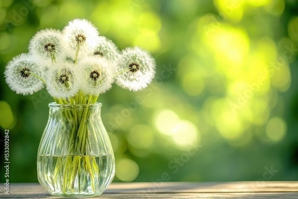 Fototapeta A clear glass vase with several dandelions, white and fluffy flowers in the shape of clouds, placed on an outdoor wooden table, with a green background Generative AI