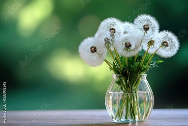 Fototapeta A clear glass vase with several dandelions, which have white fluffy heads and green leaves on the stems The flowers stand in water that is about one inch deep at their base Generative AI